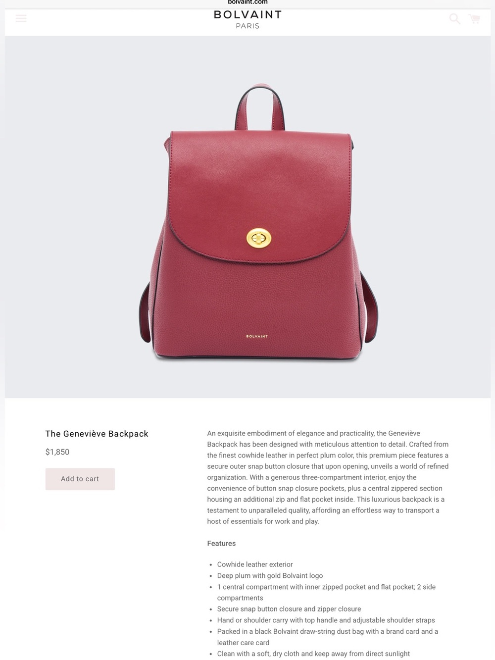 Bolvaint Geneviève Backpack in Plum Red Leather